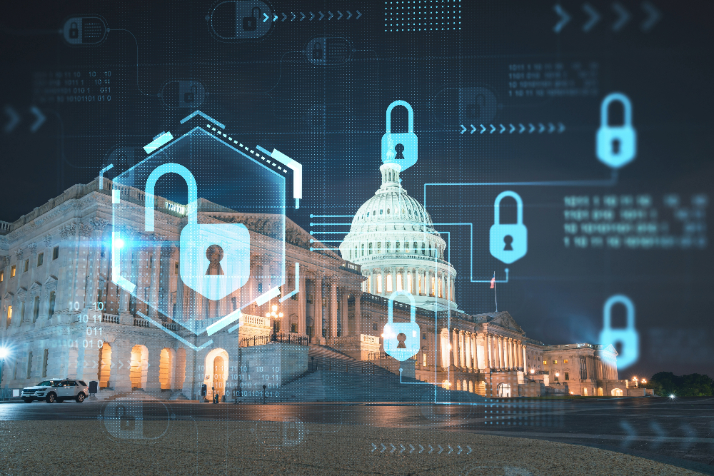 Visual of abstractions of secure data superimposed on the Capitol building in Washington, D.C.
